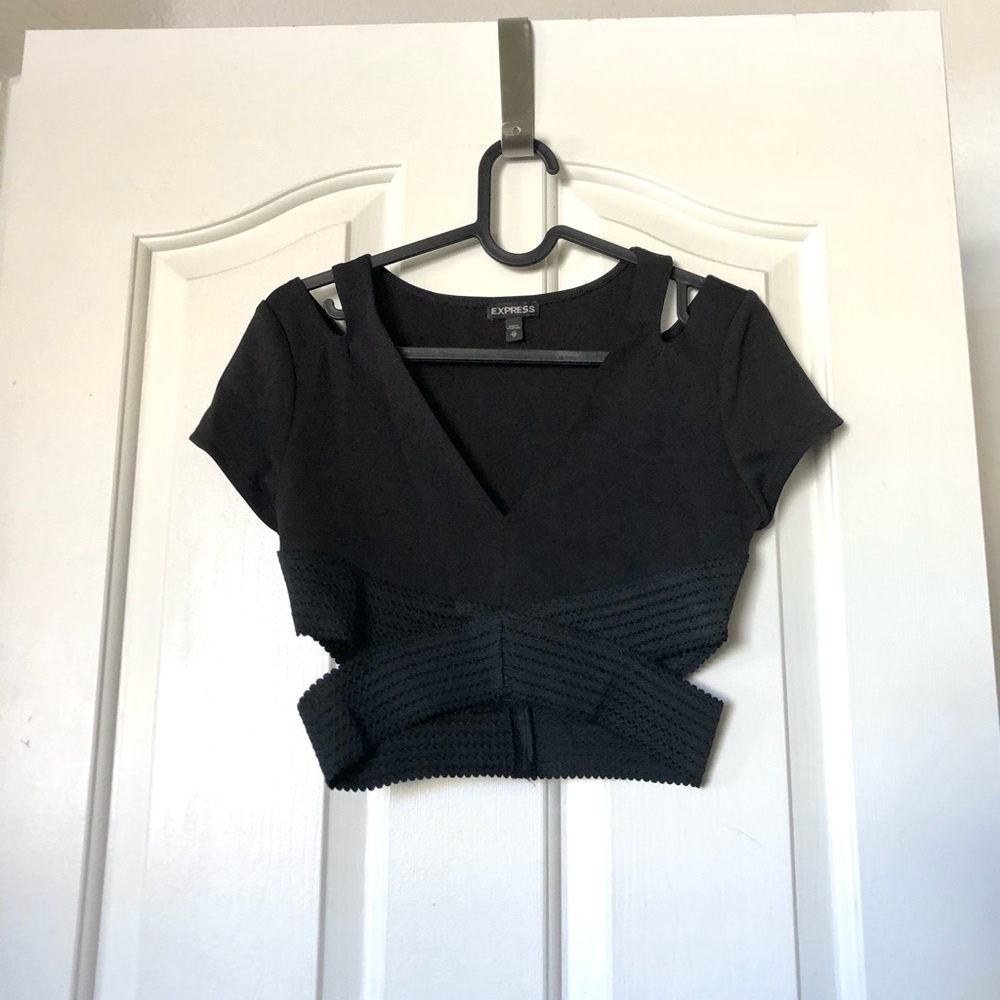 Express Black Cropped V-Neck Cutout Short Sleeve Top